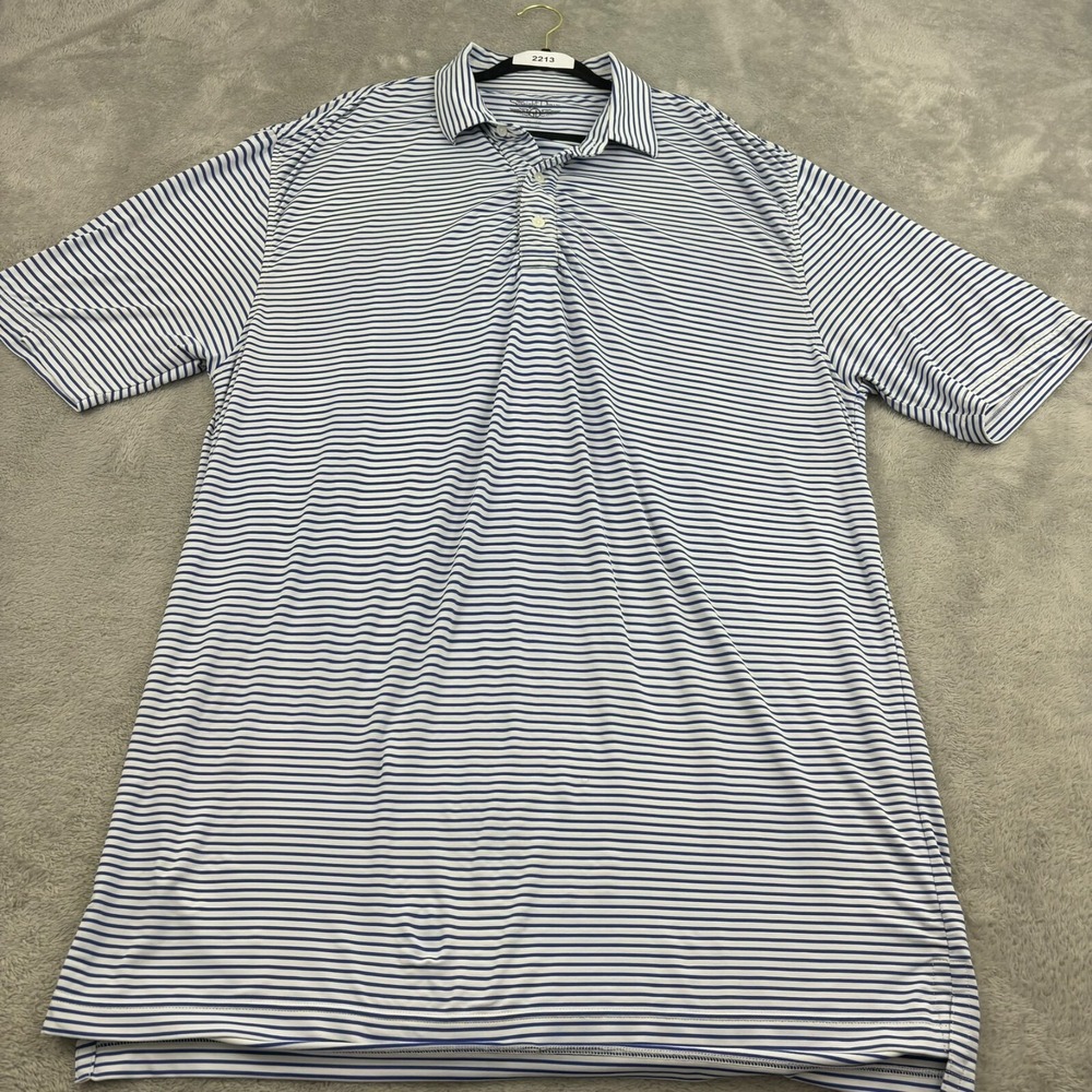 Straight Down Polo Golf Shirt Mens XL Blue White Stripe Classic Stretch Athletic